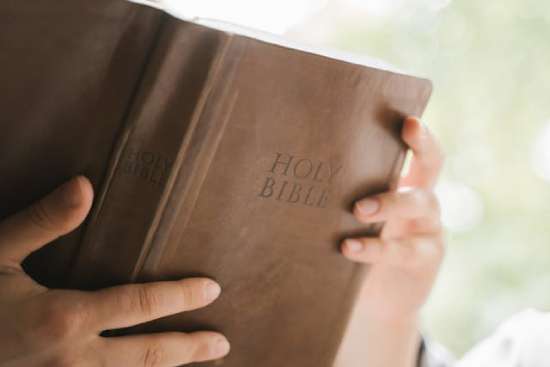 Person Holding a Brown Leather Bible An open Bible being read.