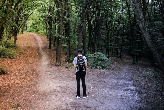 Man at Two Paths A man in a forest standing at the crossroads of two paths, similar to the decision of whether to follow God or not